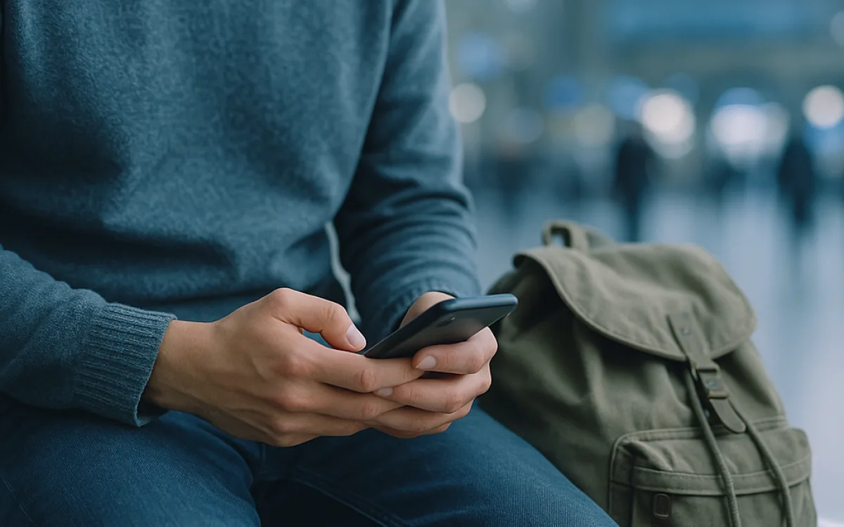 Traveller comparing hotel prices on a phone at a station bench with a backpack beside them
