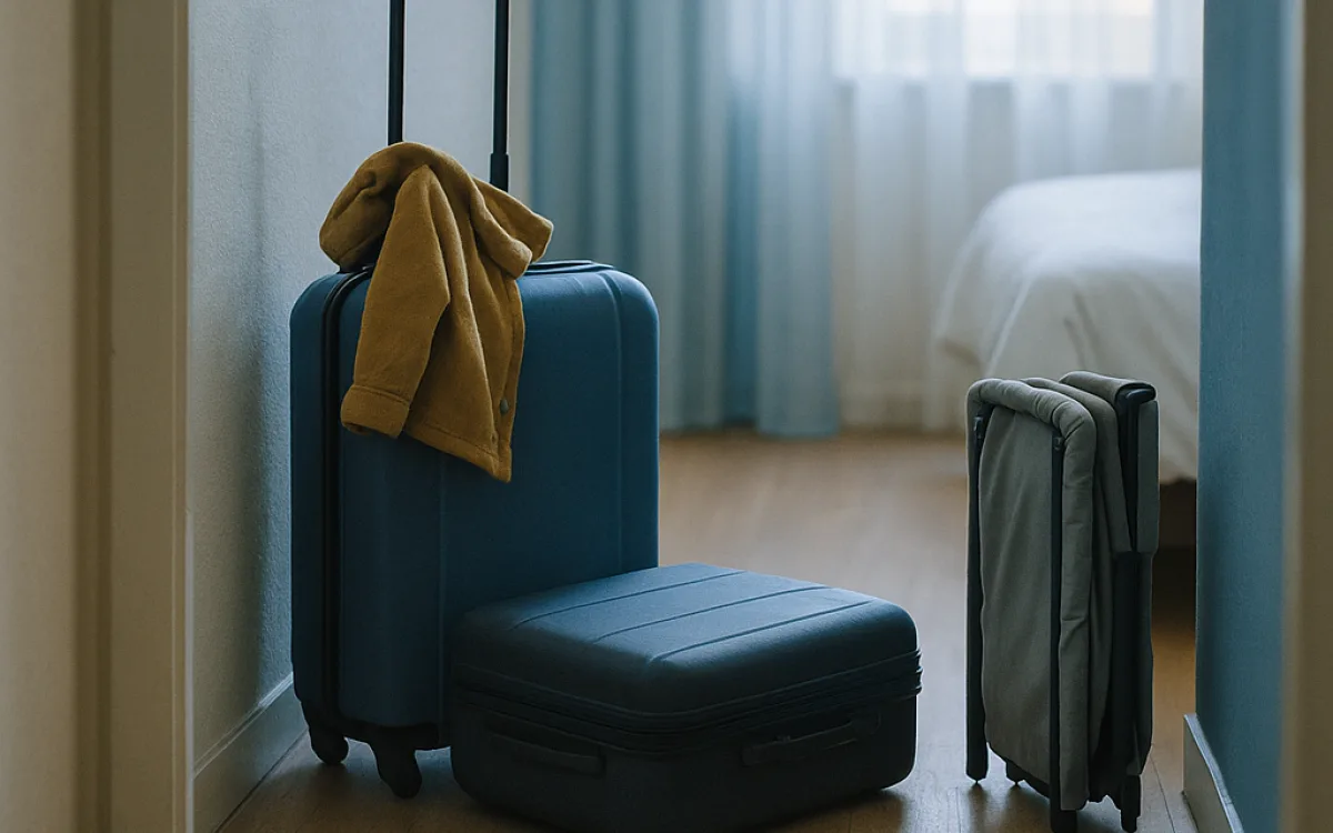 Family with two children arriving at a hotel room with luggage and a folded travel cot