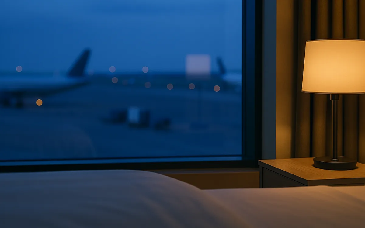 Airport hotel window at dawn with aircraft on the apron beyond the glass