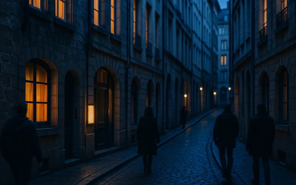 Narrow central city street at dusk with hotel signage and pedestrians