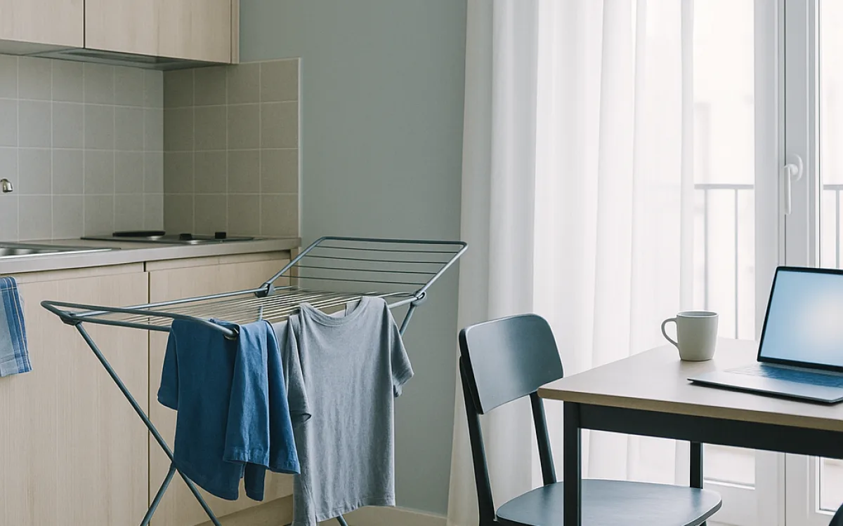 Aparthotel room with a small kitchenette, laptop on the table and clothes hung to dry