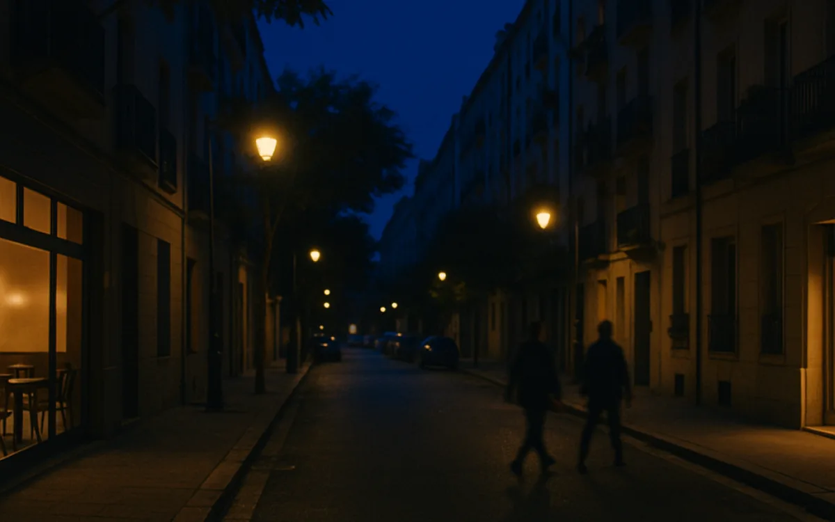 Well-lit city street at night with a hotel entrance and people walking