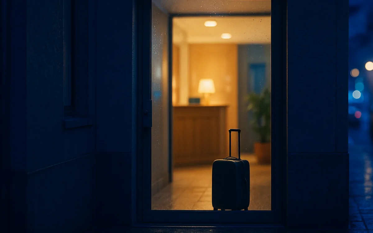Late-evening hotel entrance with a lit reception desk visible through the glass