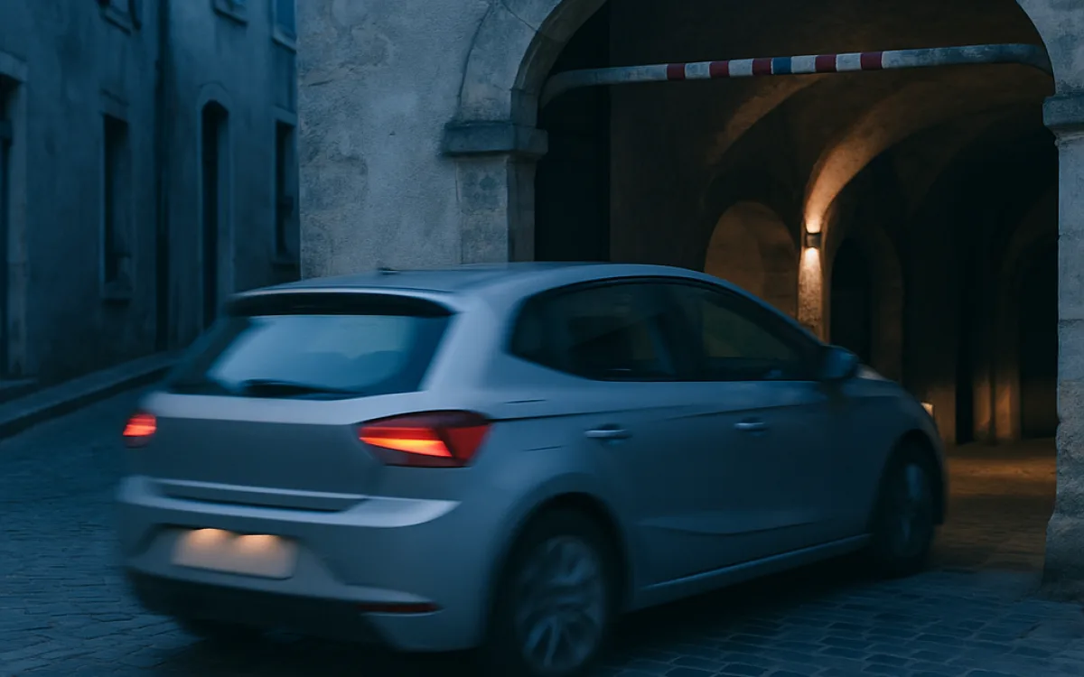 Car pulling into a narrow hotel car park entrance on a European city street