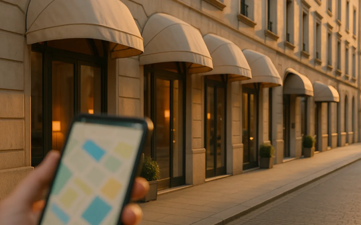 A traveller checking a map on a phone in front of a row of city hotels at golden hour