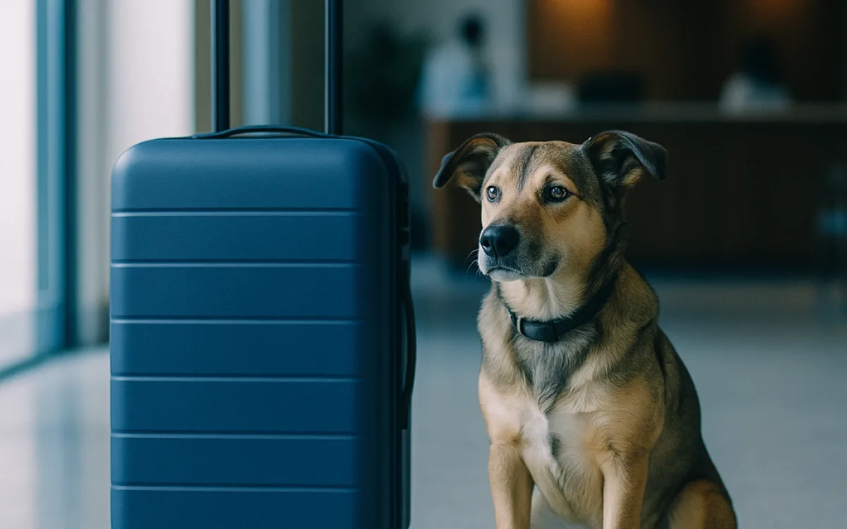 Dog waiting beside a suitcase in a hotel lobby while its owner checks in